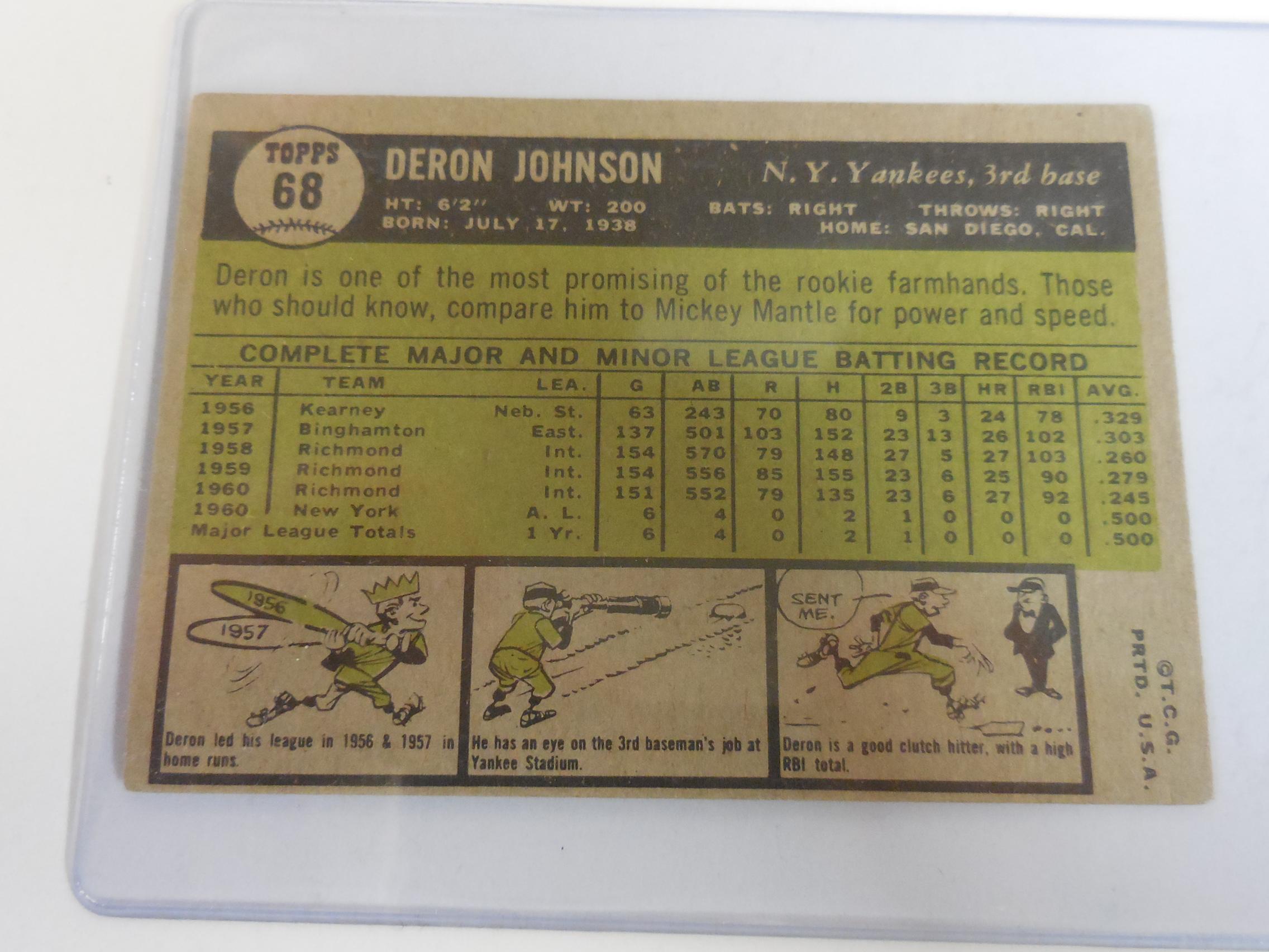 1961 TOPPS BASEBALL #68 DERON JOHNSON NEW YORK YANKEES STAR ROOKIE