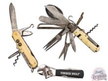 Two Vintage Multi-Function Tool Camp Knives Includes Sheffield and One Modern Wrench
