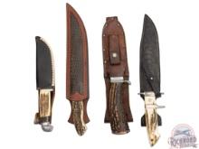 Lot Four American Craftsman Stag Handle Bowie and Skinner Fixed Blade Knives