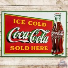Ice Cold Coca Cola "Sold Here" Embossed SS Tin Sign w/ Christmas Bottle