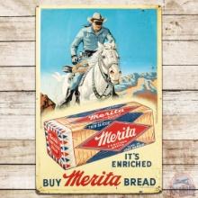1955 Merita Bread "It's Enriched" Heavily Embossed SS Tin Sign w/ Lone Ranger & Loaf