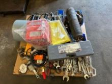 Pallet of Miscellaneous Shop Items, Wrenches, Slide Hammer set, heater, pullies
