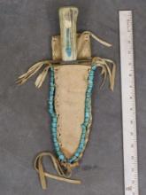 Beautiful Navajo Knife w/Bone Handle & Soft Leather Sheath Beaded w/Turquoise ARTIFACTS&ART