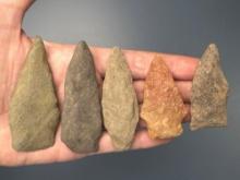 5 Various Arrowheads, Longest is 2 3/4", Found in Gloucester County, New Jersey