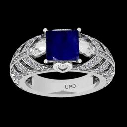 2.76 Ctw VS/SI1 Blue Sapphire And Diamond Prong Set 14K White Gold Skull Ring