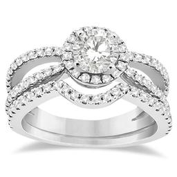 Diamond Halo Split Shank Engagement Bridal Set 14k White Gold 1.67ctw