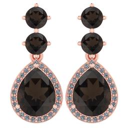 Certified 5.17 Ctw Smoky Quarzt And Diamond 14k Rose Gold Halo Dangling Earrings