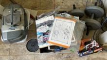 Lot of mixed items including a tape recorder, magazines and free weights