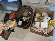 Box and Basket of older items, linens, buttons, Ice Tea Spoons