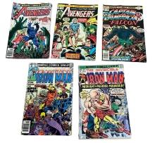 5- Vintage Marvel Comic Books, Iron Man 79 and 127, Avengers 123 & 209, Captain America & Falcon ...