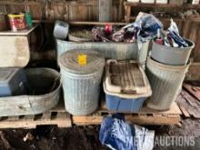 Quantity of trash cans, galvanized water tank, table etc.