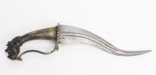 South Indian Brass Yali Hilted Recurve Dagger, 18th-19th c.
