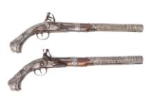 Pair of Lavishly Silver-Mounted Flintlock Pistols, 18th-19th C.