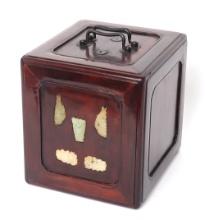 Chinese Heavy Hardwood Jewelry Box, Jade & Stone Appliques