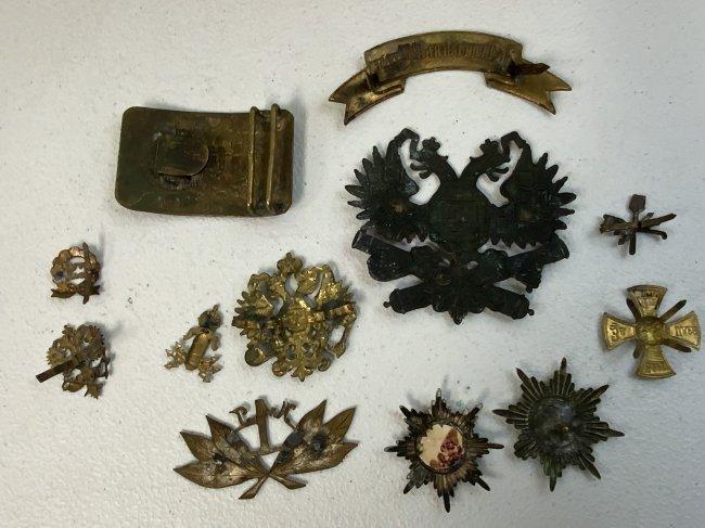 LARGE LOT IMPERIAL RUSSIAN HEADGEAR COCKADES INSIGNIA AND BUCKLE
