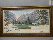 Signed D Lund Large Snowy Mountainscape Oil Painting