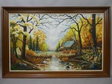 John Kramer Large Autumn Cabin in Woods Oil Painting