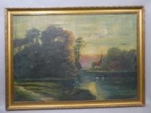1930 D Hoffman Church & Landscape Large Oil Painting