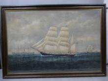 LARGE Antique W Forester Nautical Sailing Ship Oil Painting