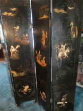 Vintage Chinese Black Lacquer High Relief & Hand Painted 4 Panel Room Divider Screen w/ Jade & St...
