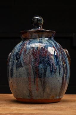 Blue Glazeware Face Jar with Lid by Billy Joe Craven