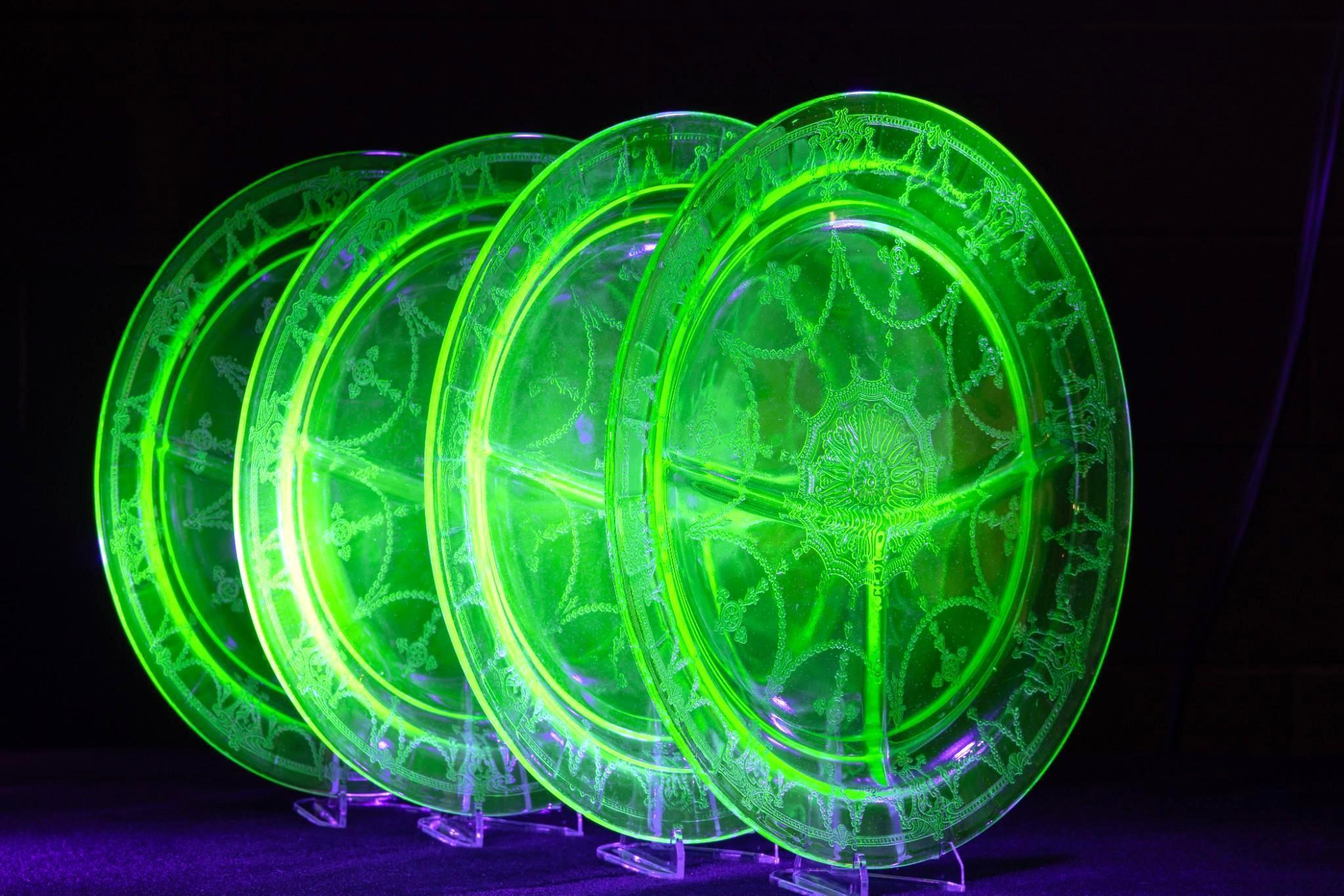 Uranium Glass Sectioned Dinner Plate - Set of Four