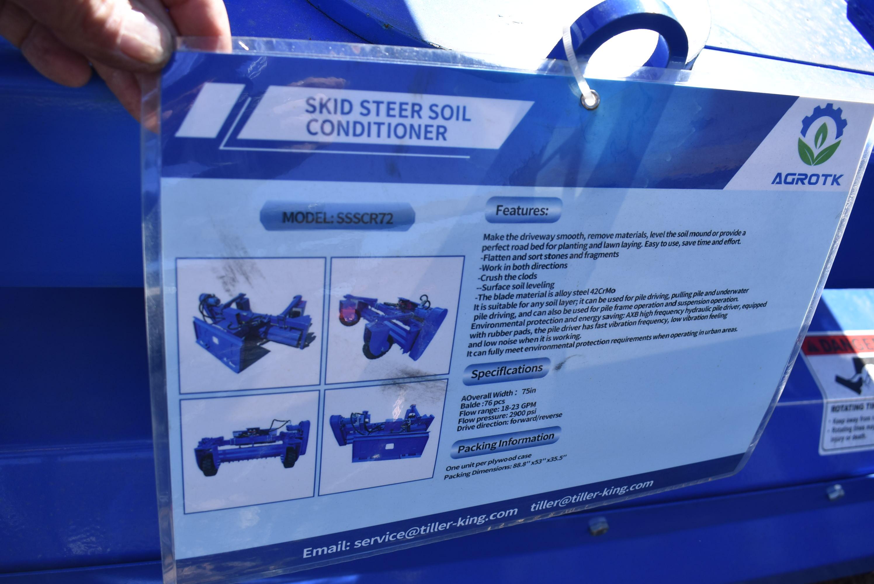 New Agrotk soil conditioner skid steer attachment, model #SSSCR72