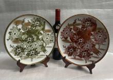 PAIR of ANTIQUE KUTANI JAPANESE PEACOCK PLATE WITH WOOD STAND