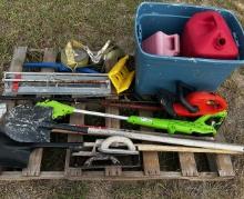 SHOVELS, CHAINSAW, TOW STRAPS AND GAS CANS