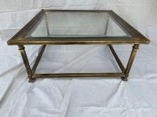Mid Century Modern Brass End Beveled Glass Square Coffee Table
