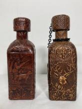 Pair of Hand Tooled Leather Decanters With Bird Dog Hunting Motif