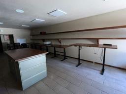 4 ADJUSTABLE HEIGHT BLUEPRINT/WORK TABLES; (4) METAL LATERAL FILE CABINETS; (5) ROLLING OFFICE CHAIR