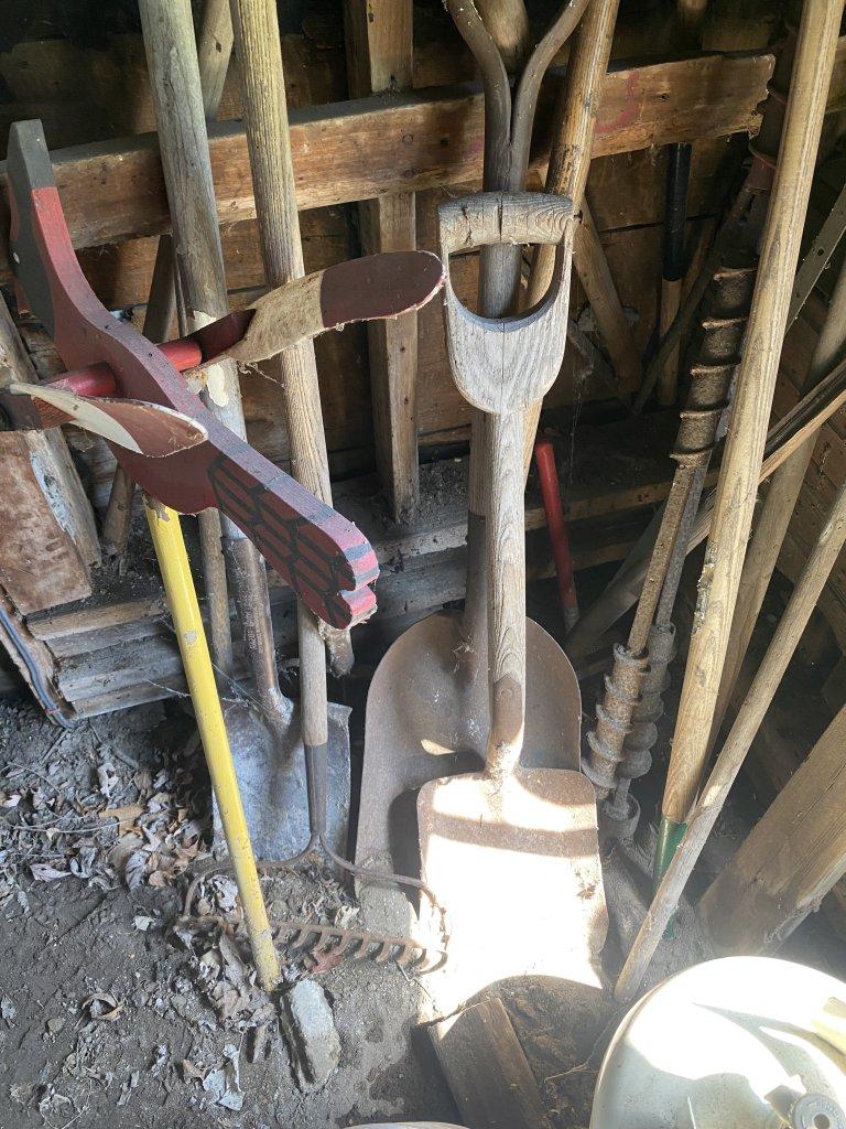 ASSORTED YARD TOOLS, HOES, SHOVELS, AND MORE