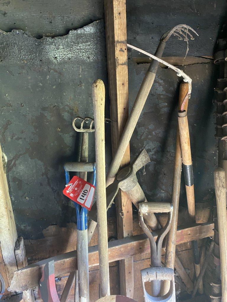 ASSORTED YARD TOOLS, HOES, SHOVELS, AND MORE
