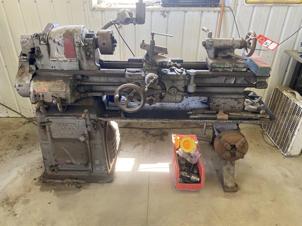 SOUTH BEND PRECISION LATHE, 13'' SWING, 5' BED, MODEL CL145B, 220 VOLT, INCLUDES BIN OF TOOLING.