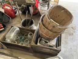ASSORTED JARS, CRATES, BUCKETS AND SAWS