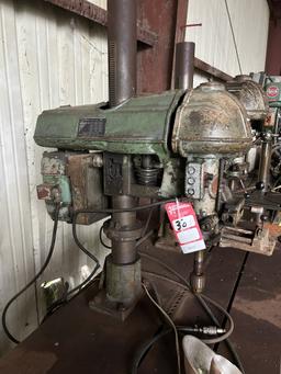 DRILL STATION WITH (2) WALKER TURNER DRILL PRESSES MOUNTED ON TABLE, ONE HAS POWER FEED, 1-HP MOTORS