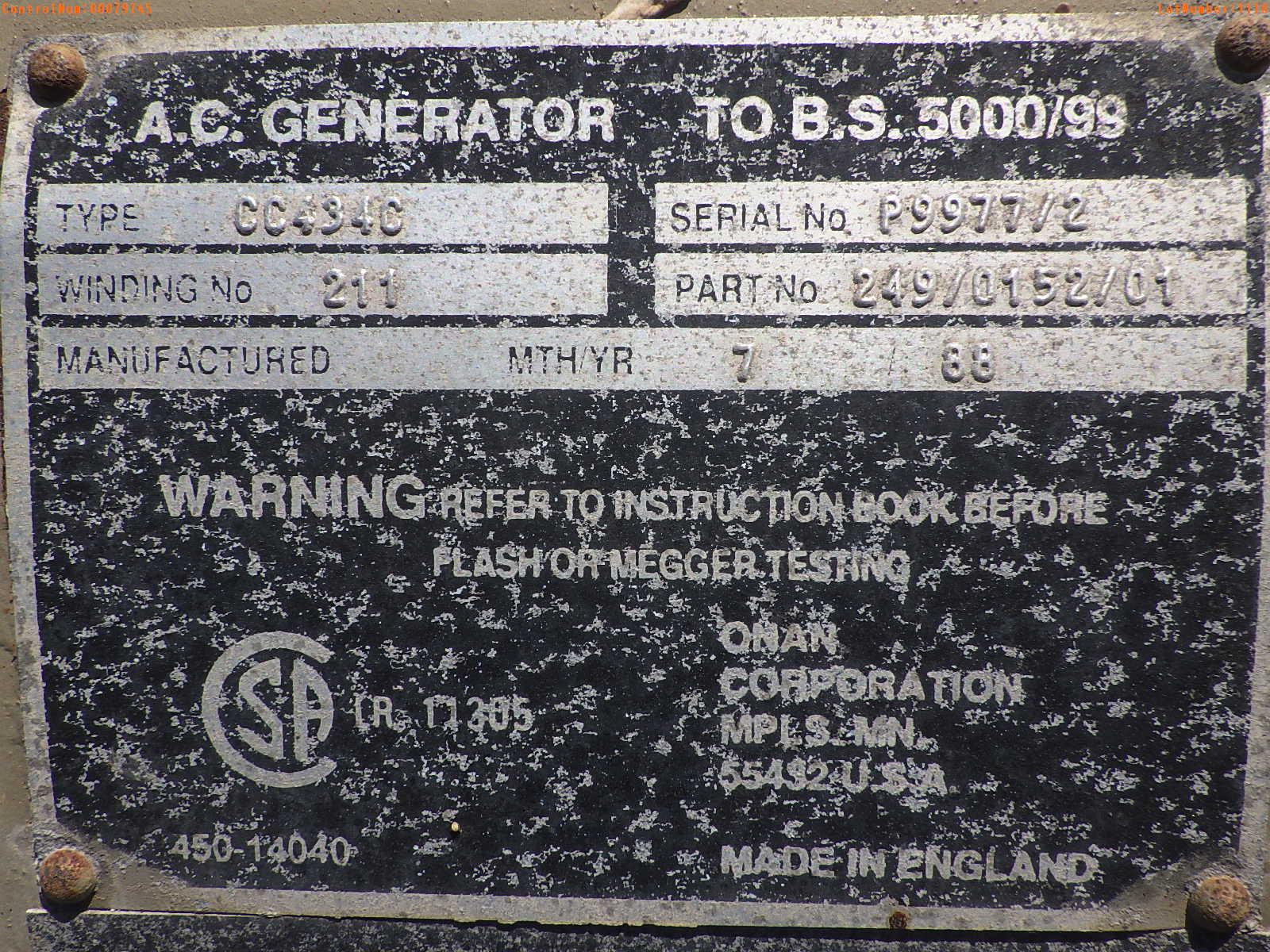 5-01118 (Equip.-Generator)  Seller: Gov-Hillsborough County Sheriffs ONAN NT-855