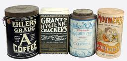 Country Store Tins & Containers (4), Ehlers Grade "A" Coffee 5 lb pail w/or