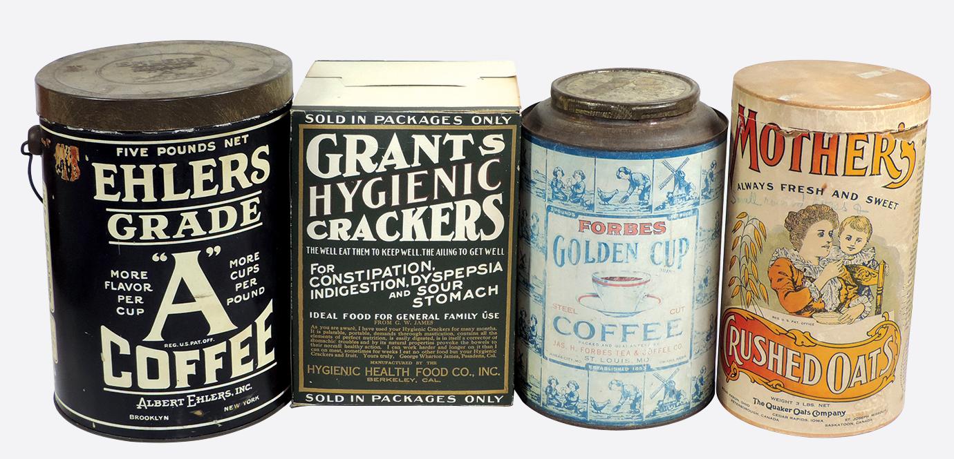 Country Store Tins & Containers (4), Ehlers Grade "A" Coffee 5 lb pail w/or