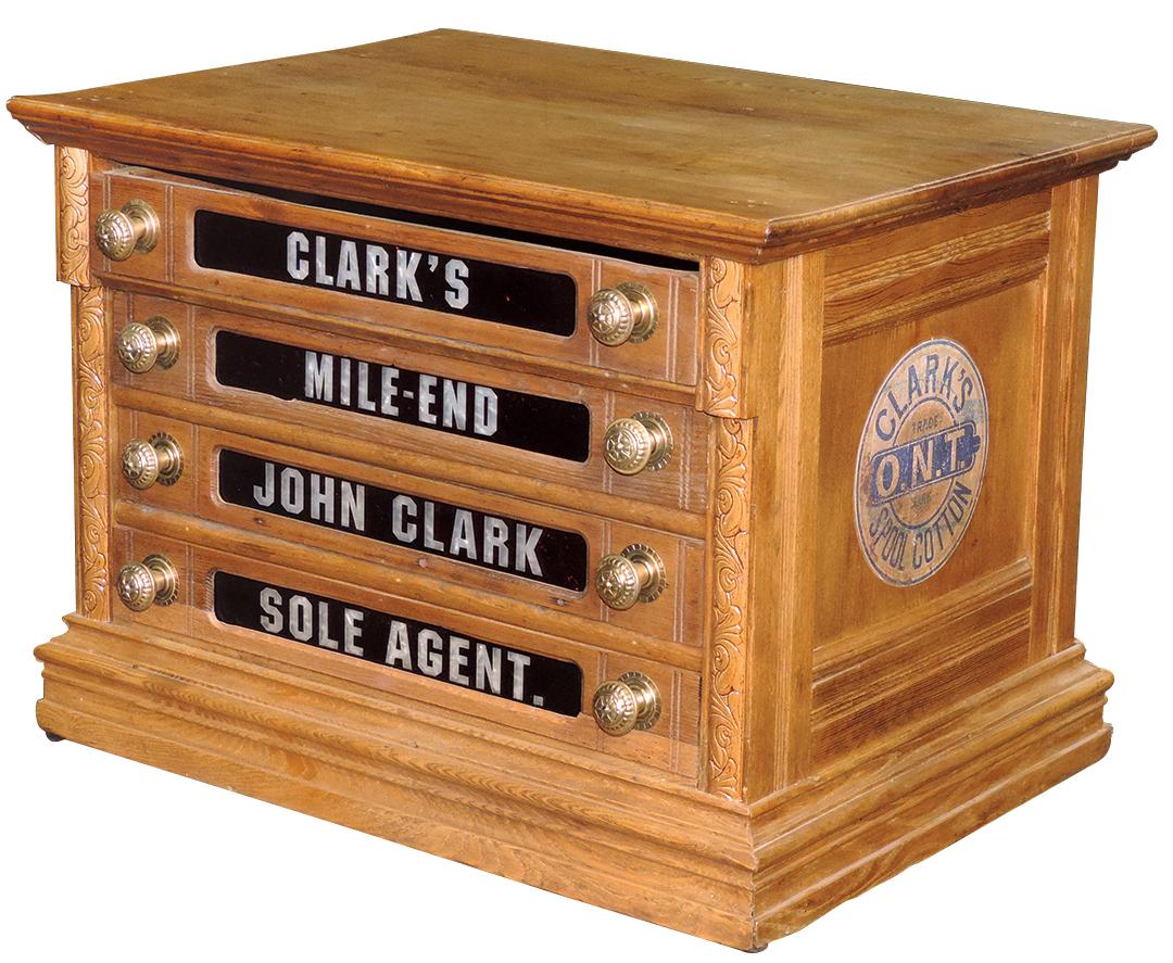 Spool Cabinet, Clark's Mile-End, narrow 4-drawer ash w/etched ruby glass &