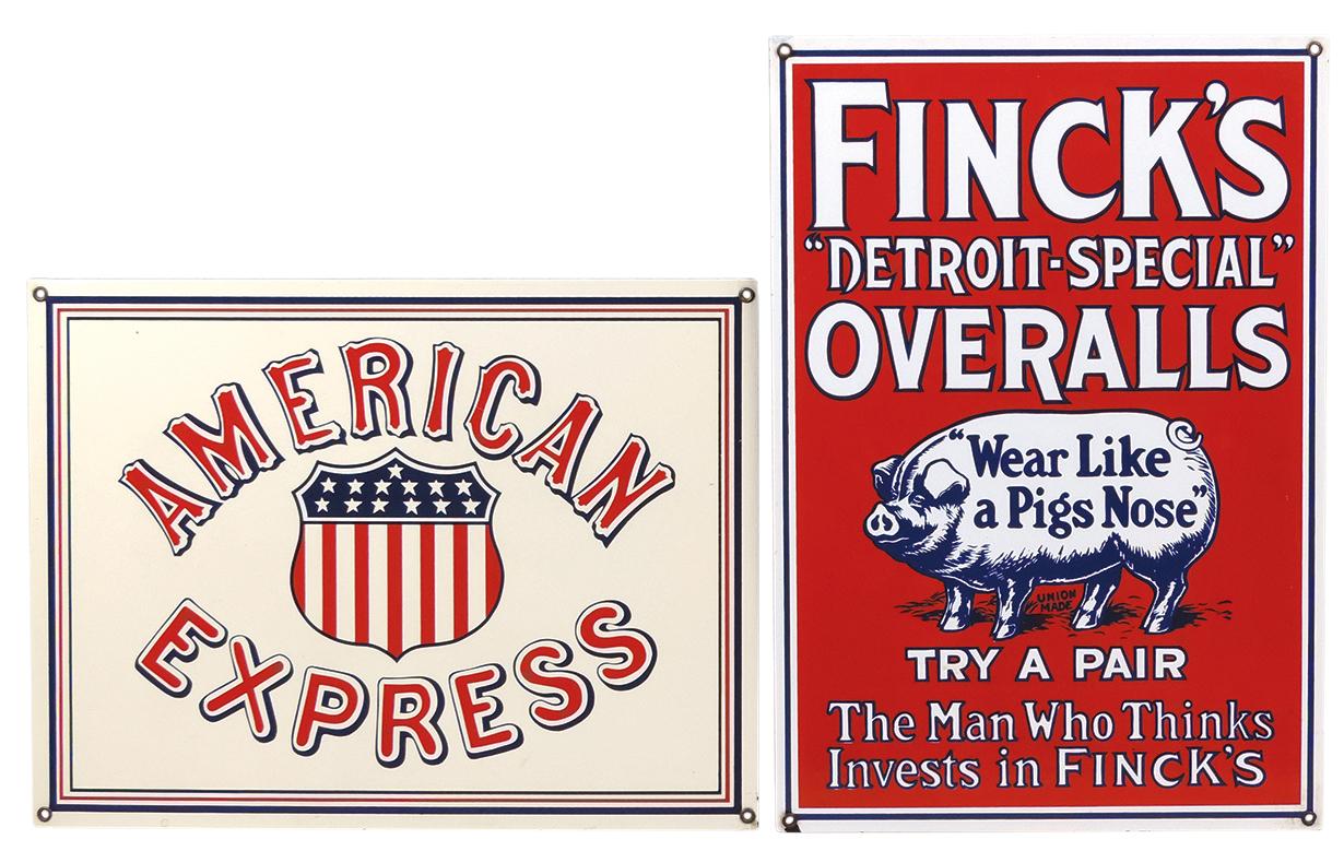 Advertising Signs (2), Fink's Overalls & American Express, SSP on steel, co