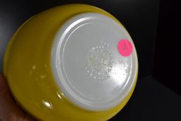 Pyrex Bright Yellow Mixing Bowl Set including Nos. 401, 402, 403, and 404; Mfg. 1956-1962