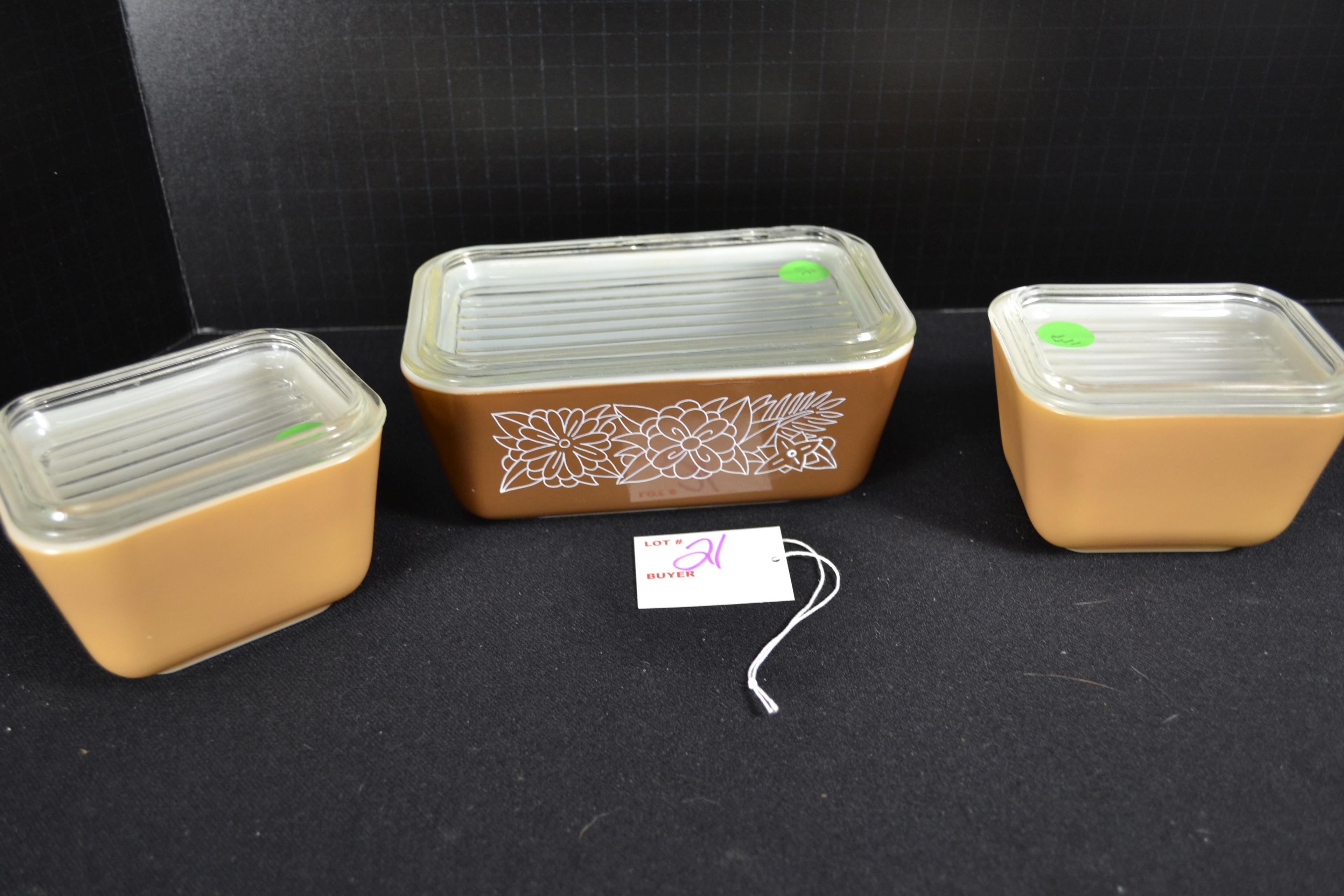 Pyrex Woodland Refrigerator Dishes No. 501 (x2) and 502 w/Lids; Mfg. 1978-1981; Chip on lid.