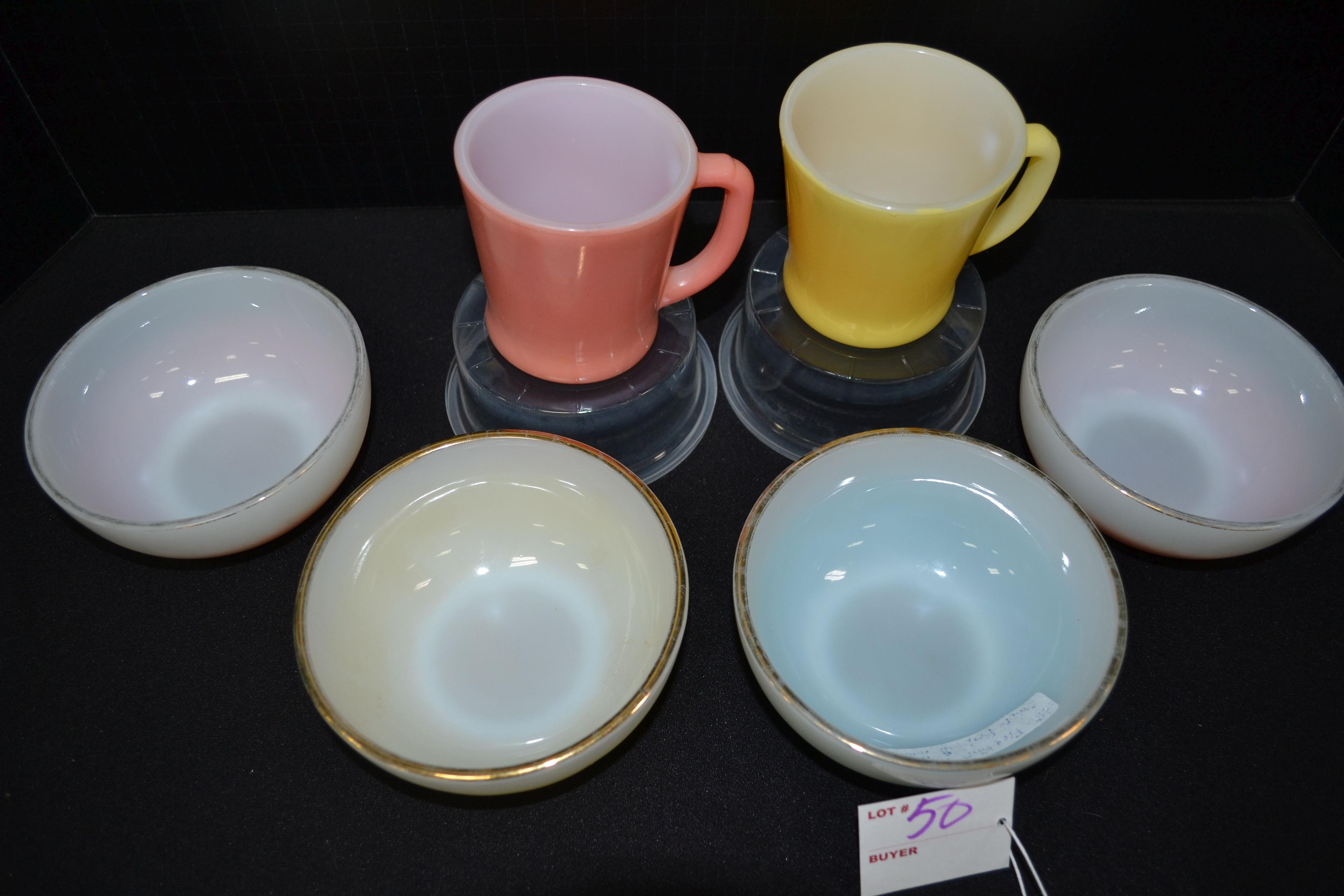 Pair of Fire-King Coffee Cups and 4 Pastel Fire-King Cereal Bowls