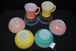 Pair of Fire-King Coffee Cups and 4 Pastel Fire-King Cereal Bowls