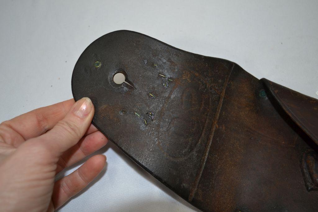 US Military Leather Holster with 2 Metal Embellishments; Rock Island Arsenal 1915 14 1/2"