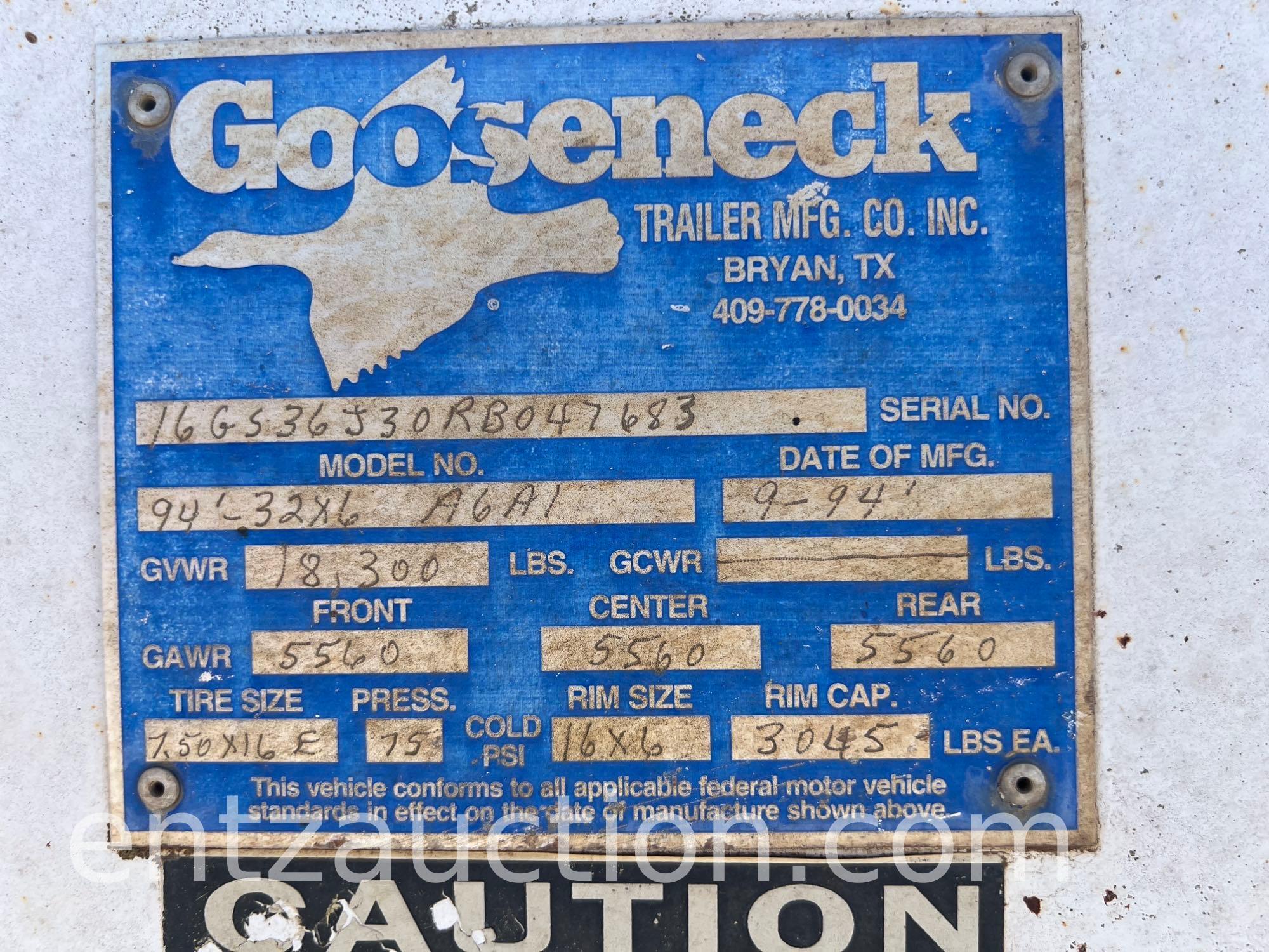 1994 GOOSENECK STOCK TRAILER, 30' X 6',