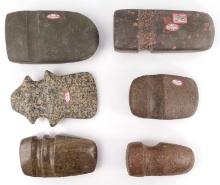 6 VINTAGE NATIVE AMERICAN GROOVED STONE AXE HEADS
