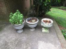 3 PLANTERS- ONE CONCRETE , OTHERS ARE RESIN